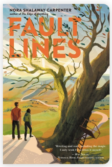 Fault Lines, a YA fiction book by Nora Shalaway Carpenter. Two teens stand at the edge of an Appalachian cliff while a tree hangs precariously off the side.