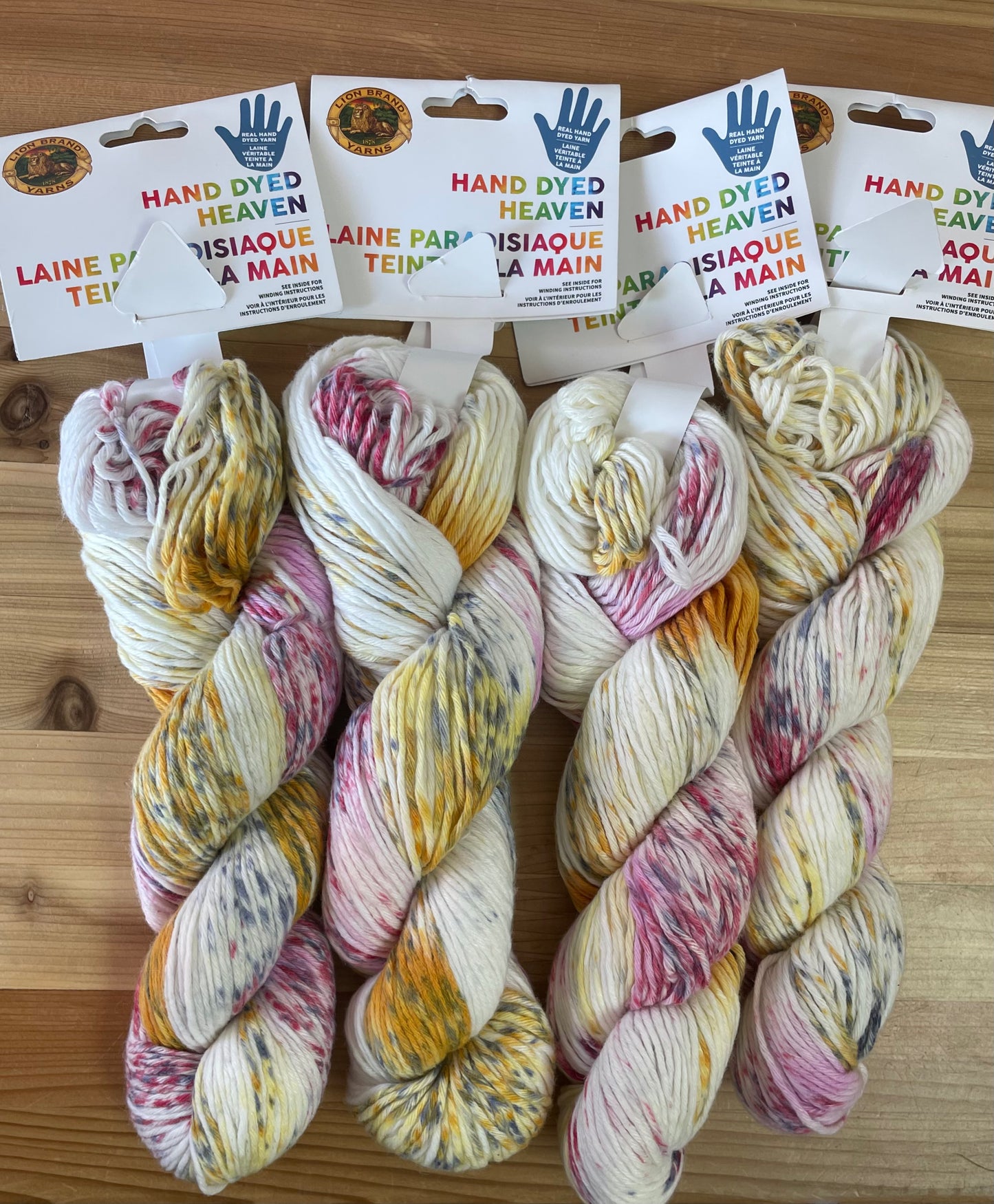 Lion Brand, Hand-dyed - white w/ pink/mustard, Jawbreaker