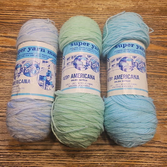 Vintage Super Yarn Mart Americana Blue/Green/Blue Yarn Lot of 3