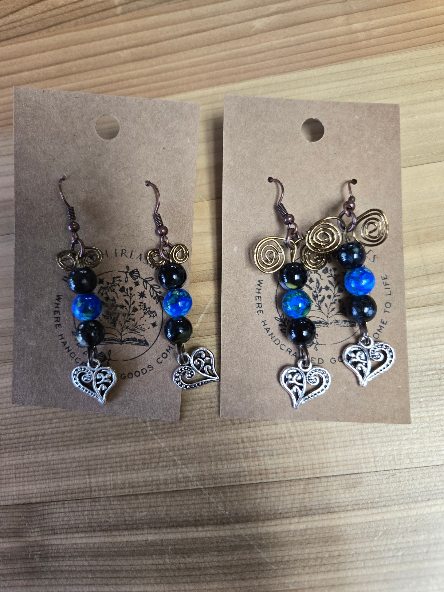 Copper Blue Heart Earrings (c)